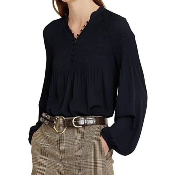 Lauren Ralph Lauren Women's Sz Small Navy Blue Pleated Georgette L/S Blouse $135 - Picture 4 of 5